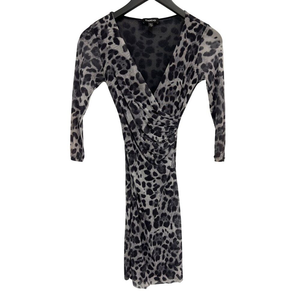 Bebe Faux Wrap Mini Dress Size XS Mesh Mob Wife Leopard Animal Print Mesh V Neck
